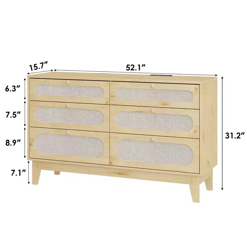 Comò a 6 cassetti in rattan per camera da letto