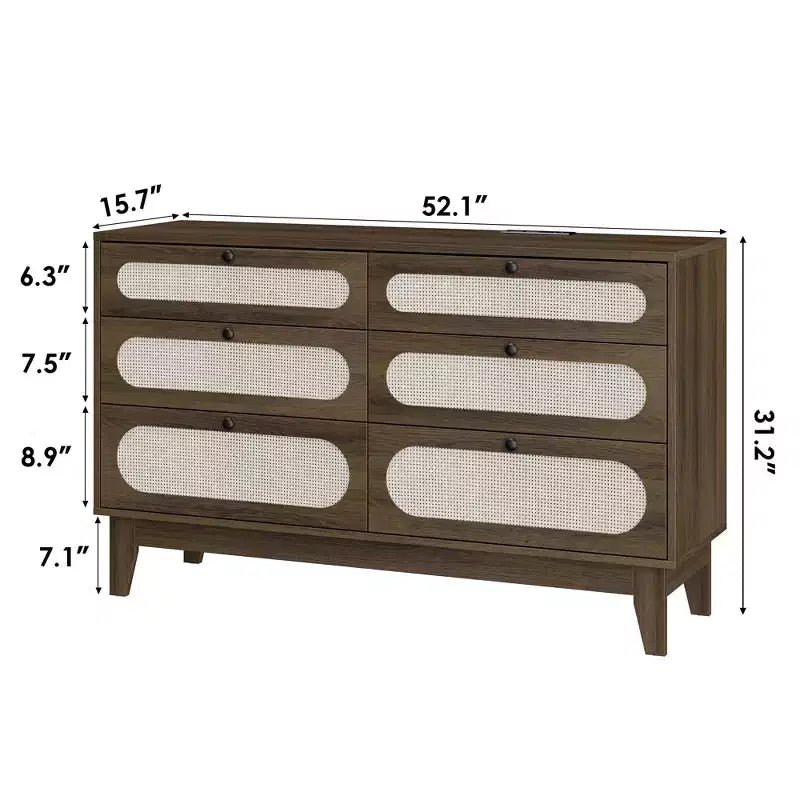 Comò a 6 cassetti in rattan per camera da letto