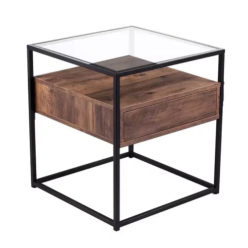 HomeRoots 22 Black Glass And Iron Square End Table With Drawer With Shelf