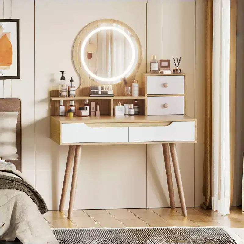 JVNOXK Vanity Dressing Table with 3 Height-Adjustable Lighted Mirrors and Solid Wood Legs, Featuring 4 Drawers and 3 Open Storage Shelves