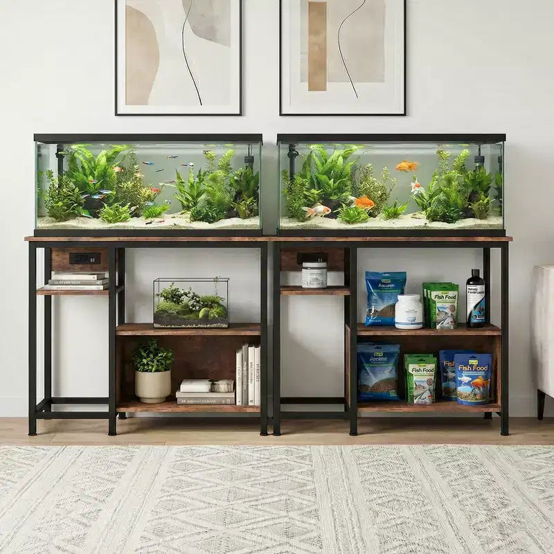 Mobile per Acquario Robusto da 150-190 Litri con Prese di Corrente, Supporto per Acquario in Metallo e Legno con 4 Ripiani Aperti, per Terrario di Tartarughe e Rettili