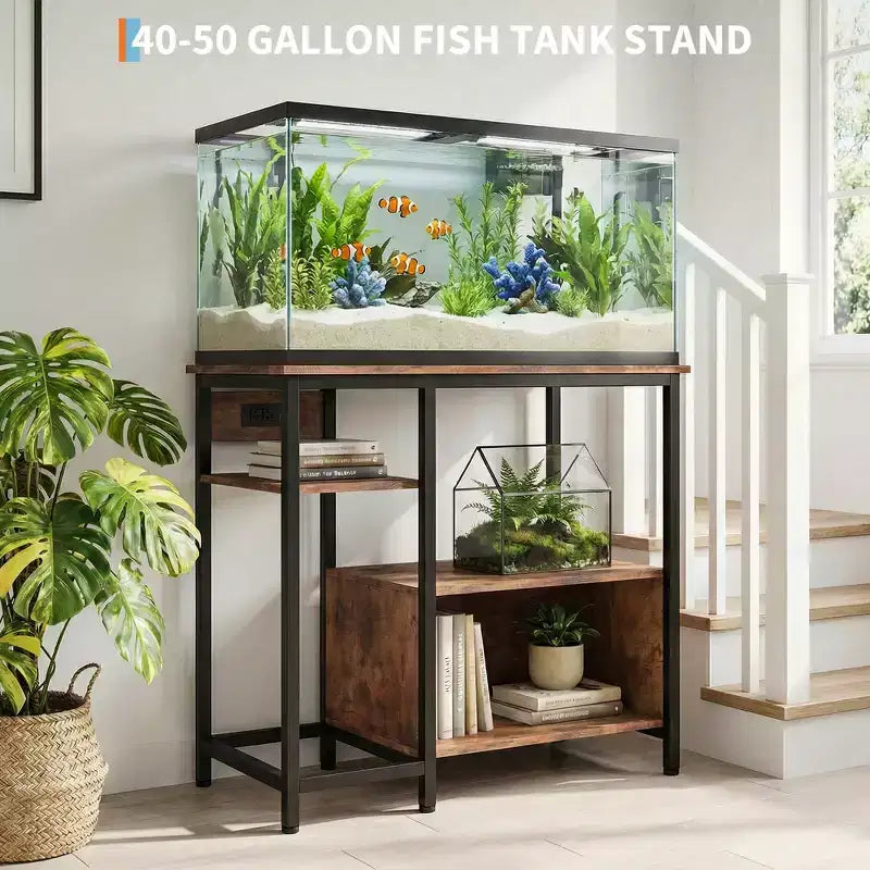 Mobile per Acquario Robusto da 150-190 Litri con Prese di Corrente, Supporto per Acquario in Metallo e Legno con 4 Ripiani Aperti, per Terrario di Tartarughe e Rettili