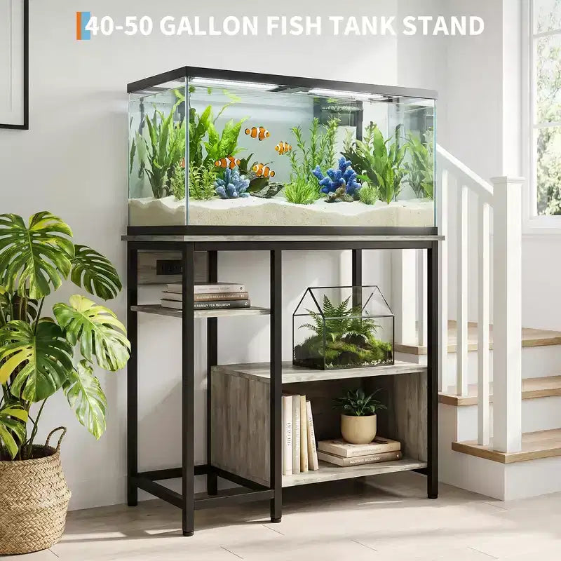 Mobile per Acquario Robusto da 150-190 Litri con Prese di Corrente, Supporto per Acquario in Metallo e Legno con 4 Ripiani Aperti, per Terrario di Tartarughe e Rettili