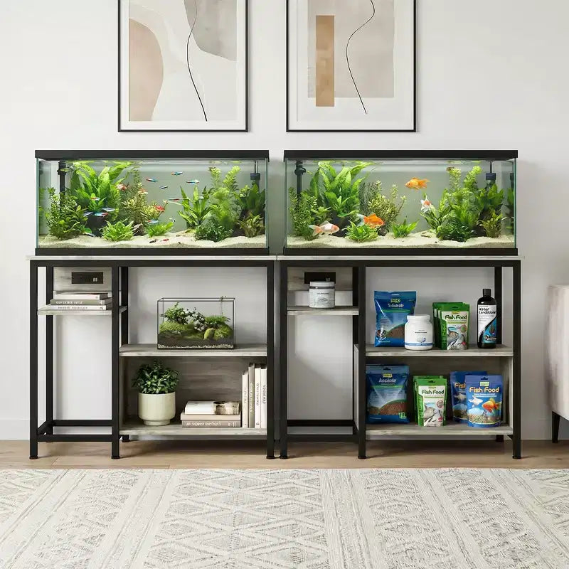 Mobile per Acquario Robusto da 150-190 Litri con Prese di Corrente, Supporto per Acquario in Metallo e Legno con 4 Ripiani Aperti, per Terrario di Tartarughe e Rettili