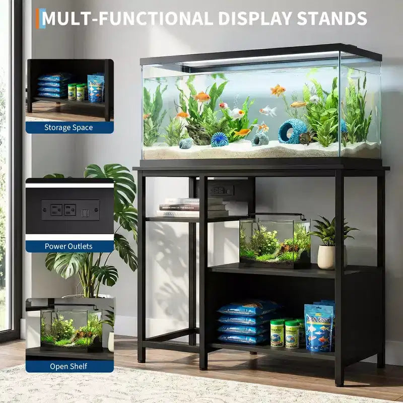 Mobile per Acquario Robusto da 150-190 Litri con Prese di Corrente, Supporto per Acquario in Metallo e Legno con 4 Ripiani Aperti, per Terrario di Tartarughe e Rettili