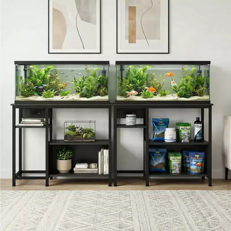 Mobile per Acquario Robusto da 150-190 Litri con Prese di Corrente, Supporto per Acquario in Metallo e Legno con 4 Ripiani Aperti, per Terrario di Tartarughe e Rettili