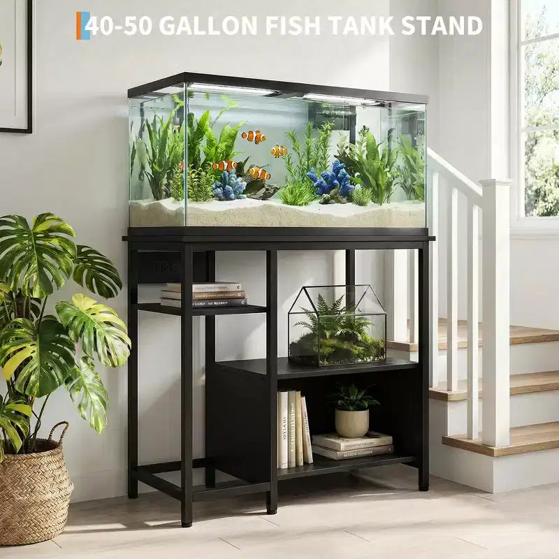 Mobile per Acquario Robusto da 150-190 Litri con Prese di Corrente, Supporto per Acquario in Metallo e Legno con 4 Ripiani Aperti, per Terrario di Tartarughe e Rettili
