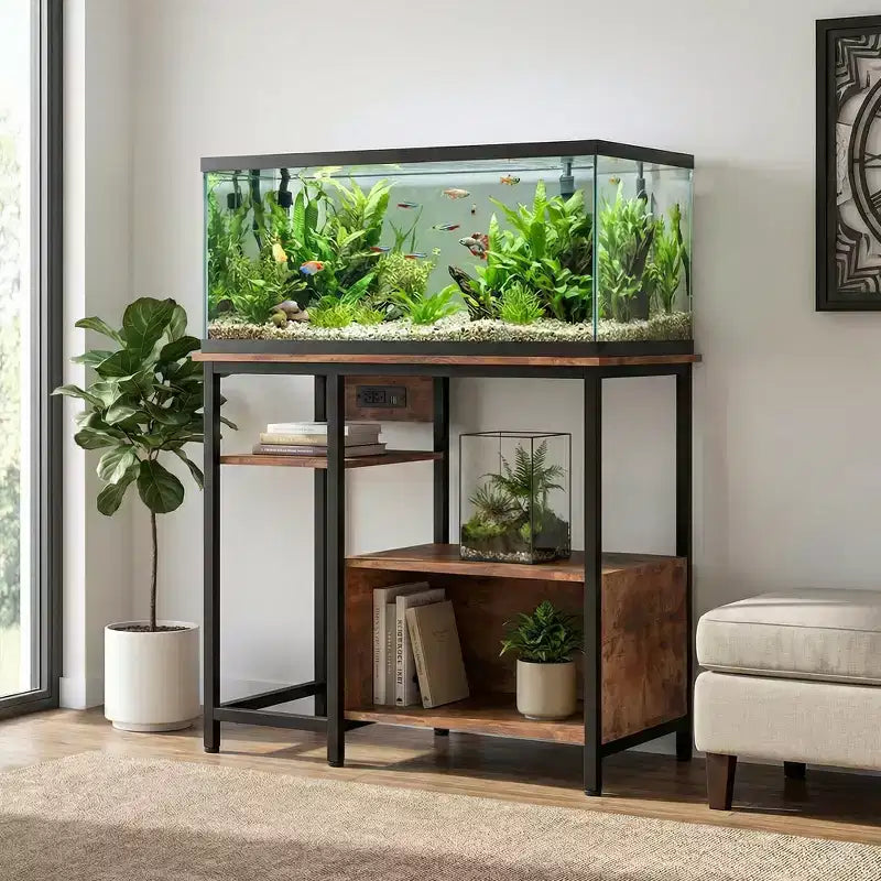 Mobile per Acquario Robusto da 150-190 Litri con Prese di Corrente, Supporto per Acquario in Metallo e Legno con 4 Ripiani Aperti, per Terrario di Tartarughe e Rettili