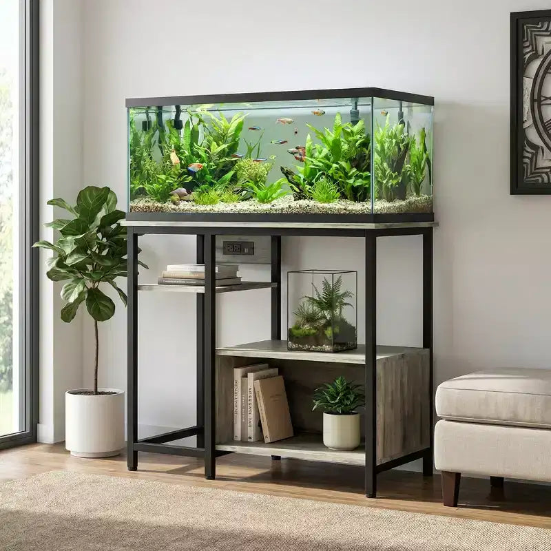 Mobile per Acquario Robusto da 150-190 Litri con Prese di Corrente, Supporto per Acquario in Metallo e Legno con 4 Ripiani Aperti, per Terrario di Tartarughe e Rettili