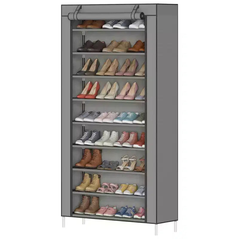 9-Tier Shoe Rack with Dustproof Cover, Tall Freestanding Shoe Storage Organizer for Closet & Entryway, Holds 40-50 Pairs, Gray