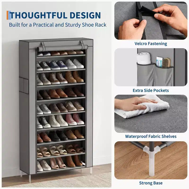 Scarpiera a 9 ripiani con copertura antipolvere, organizzatore porta scarpe alto autoportante per armadio e ingresso, capacità 40-50 paia, grigio