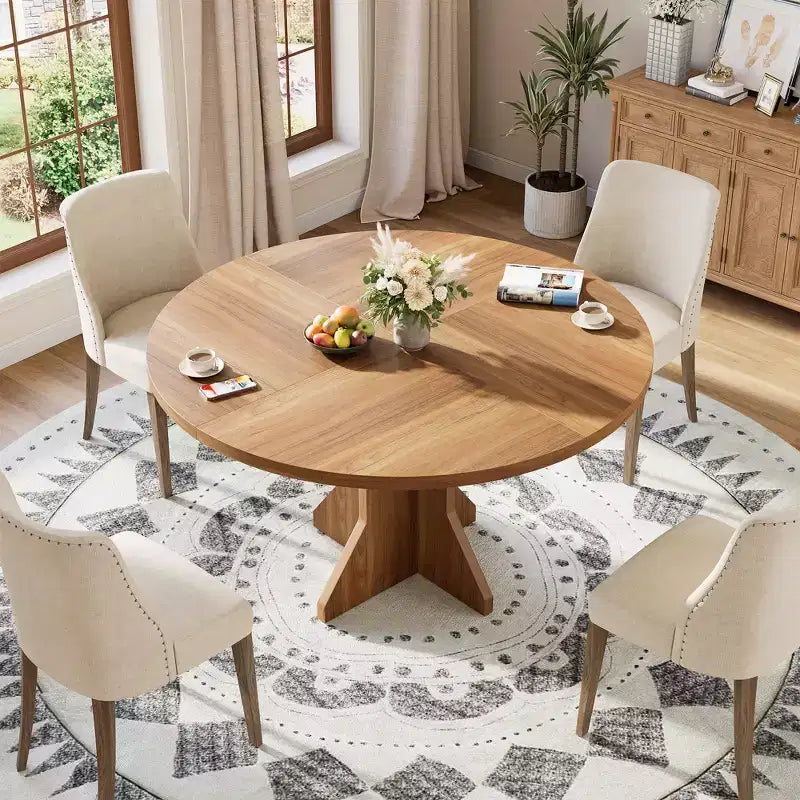 Tavolo da pranzo moderno rotondo da 47 pollici per 4-6 persone, base a piedistallo robusta, design contemporaneo, salvaspazio per appartamento, soggiorno, cucina