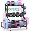 Dumbbell Rack Weight Storage for Dumbbells, Kettlebells, Yoga Mat & Balls, with Wheels & Hooks, Powder-Coated Steel