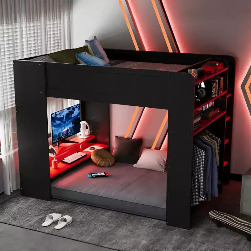 Letto a soppalco full-size con scrivania regolabile illuminata