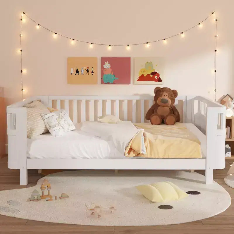 Whisen Letto a Piattaforma Matrimoniale in Legno, Letto Matrimoniale Basso in Legno con Sponde e Ringhiere di Protezione per Ragazze e Ragazzi