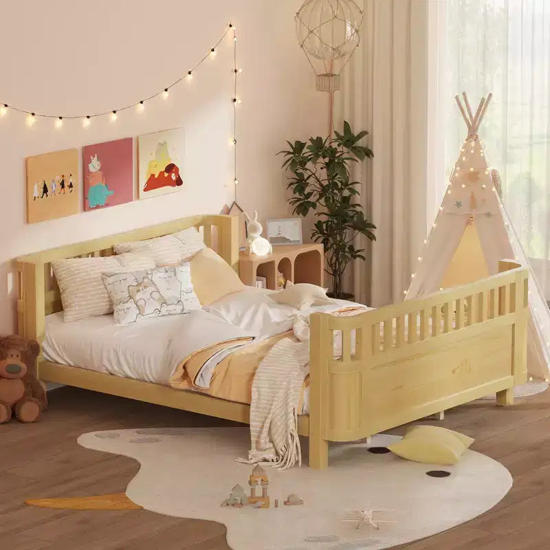 Whisen Letto a Piattaforma Matrimoniale in Legno, Letto Matrimoniale Basso in Legno con Sponde e Ringhiere di Protezione per Ragazze e Ragazzi