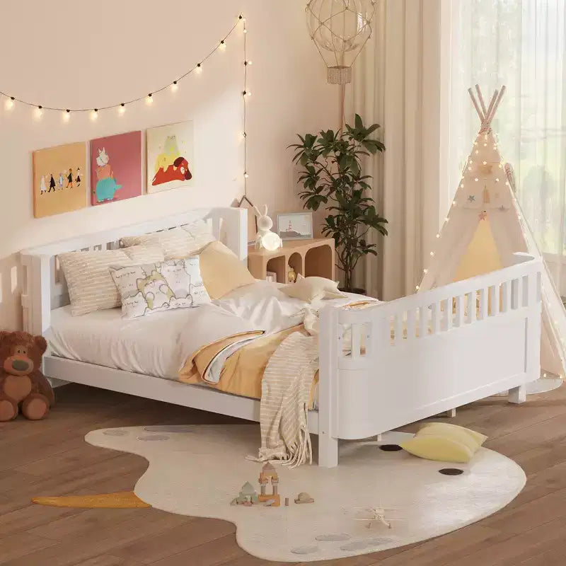 Whisen Letto a Piattaforma Matrimoniale in Legno, Letto Matrimoniale Basso in Legno con Sponde e Ringhiere di Protezione per Ragazze e Ragazzi