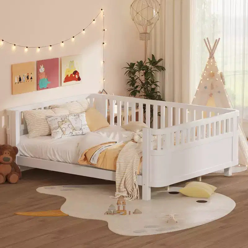 Whisen Letto a Piattaforma Matrimoniale in Legno, Letto Matrimoniale Basso in Legno con Sponde e Ringhiere di Protezione per Ragazze e Ragazzi