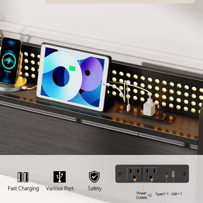 Struttura letto matrimoniale con 2 cassetti contenitore, testiera con luci LED, stazione di ricarica, robusto metallo e legno, non necessita di box spring, camera degli ospiti, USB