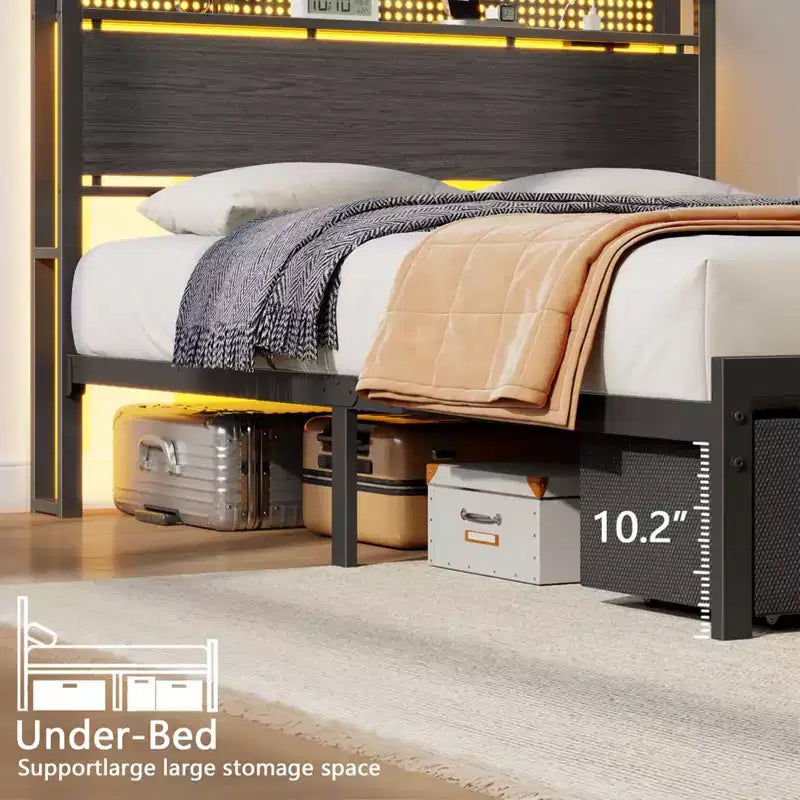 Struttura letto matrimoniale con 2 cassetti contenitore, testiera con luci LED, stazione di ricarica, robusto metallo e legno, non necessita di box spring, camera degli ospiti, USB