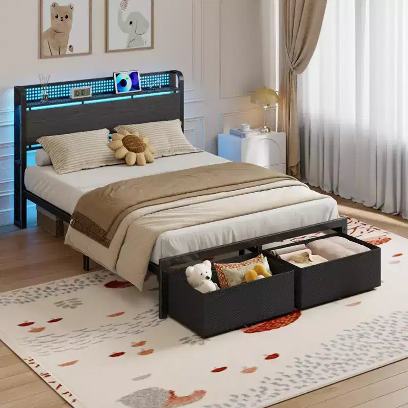 Struttura letto matrimoniale con 2 cassetti contenitore, testiera con luci LED, stazione di ricarica, robusto metallo e legno, non necessita di box spring, camera degli ospiti, USB