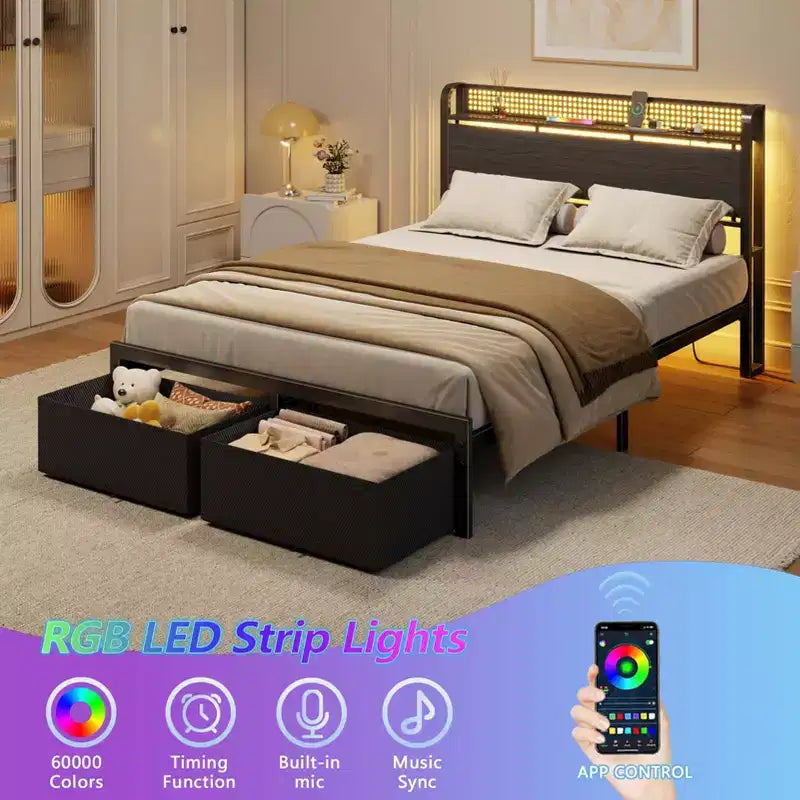 Struttura letto matrimoniale con 2 cassetti contenitore, testiera con luci LED, stazione di ricarica, robusto metallo e legno, non necessita di box spring, camera degli ospiti, USB