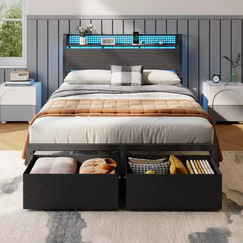 Struttura letto matrimoniale con 2 cassetti contenitore, testiera con luci LED, stazione di ricarica, robusto metallo e legno, non necessita di box spring, camera degli ospiti, USB