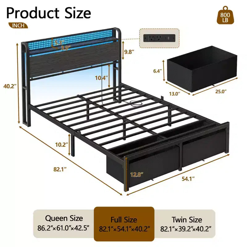 Struttura letto matrimoniale con 2 cassetti contenitore, testiera con luci LED, stazione di ricarica, robusto metallo e legno, non necessita di box spring, camera degli ospiti, USB