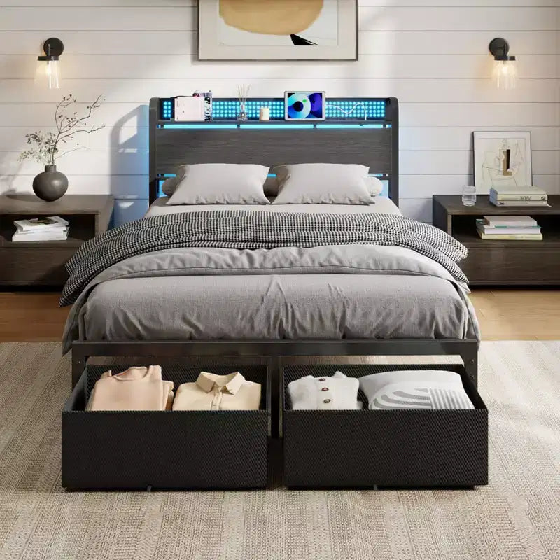 Struttura letto matrimoniale con 2 cassetti contenitore, testiera con luci LED, stazione di ricarica, robusto metallo e legno, non necessita di box spring, camera degli ospiti, USB