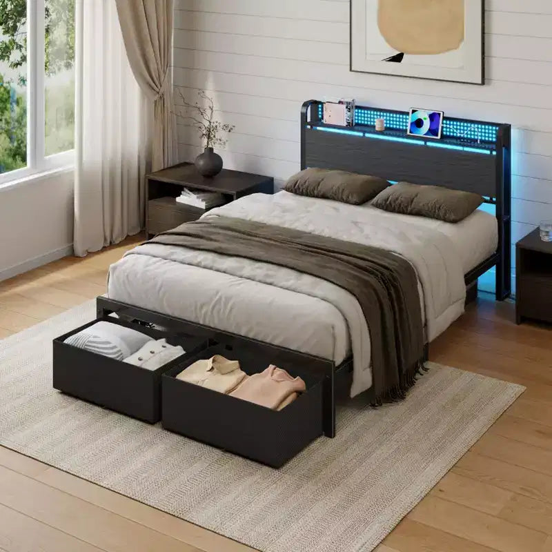 Struttura letto matrimoniale con 2 cassetti contenitore, testiera con luci LED, stazione di ricarica, robusto metallo e legno, non necessita di box spring, camera degli ospiti, USB