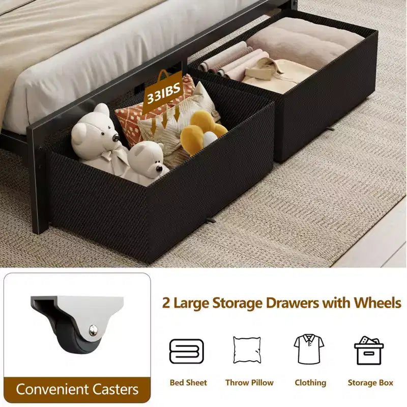 Struttura letto matrimoniale con 2 cassetti contenitore, testiera con luci LED, stazione di ricarica, robusto metallo e legno, non necessita di box spring, camera degli ospiti, USB