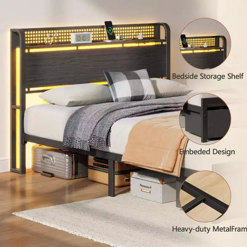 Struttura letto matrimoniale con 2 cassetti contenitore, testiera con luci LED, stazione di ricarica, robusto metallo e legno, non necessita di box spring, camera degli ospiti, USB