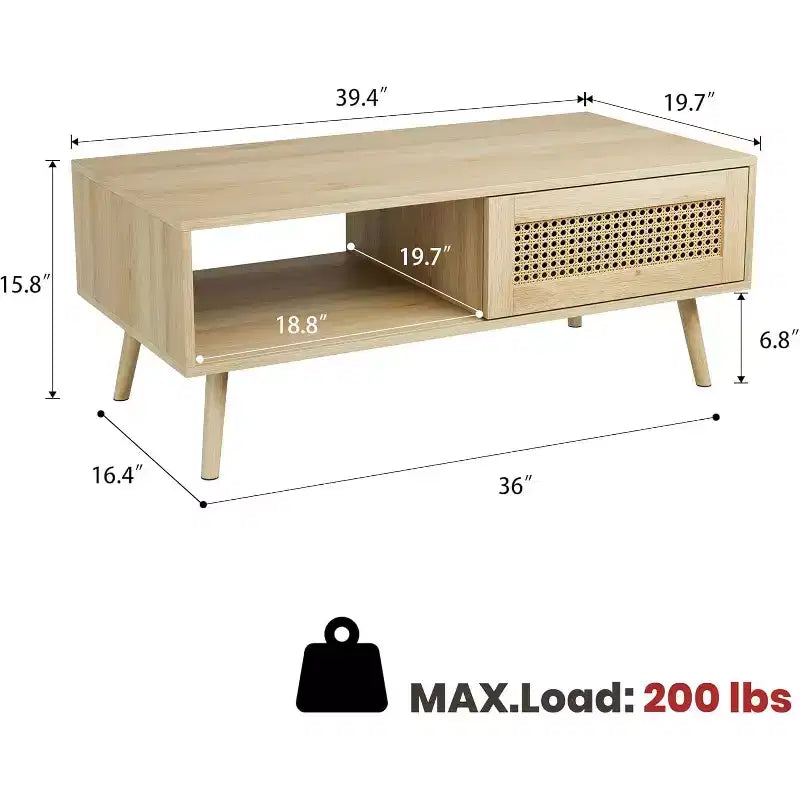 Tavolino da caffè in rattan stile Boho da 99,9 cm, Tavolino da salotto moderno in legno con anta scorrevole e ripiano portaoggetti aperto, Piedini antiscivolo