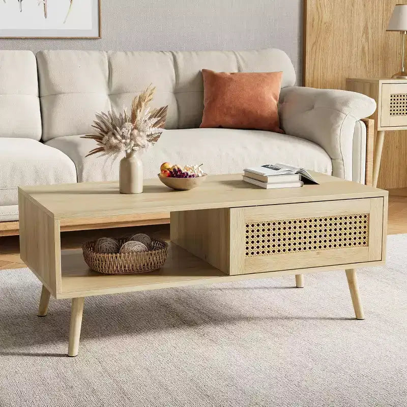 Tavolino da caffè in rattan stile Boho da 99,9 cm, Tavolino da salotto moderno in legno con anta scorrevole e ripiano portaoggetti aperto, Piedini antiscivolo