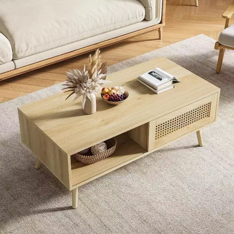 Tavolino da caffè in rattan stile Boho da 99,9 cm, Tavolino da salotto moderno in legno con anta scorrevole e ripiano portaoggetti aperto, Piedini antiscivolo