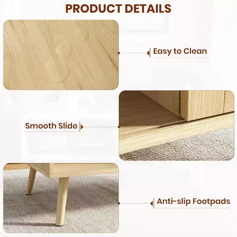 Tavolino da caffè in rattan stile Boho da 99,9 cm, Tavolino da salotto moderno in legno con anta scorrevole e ripiano portaoggetti aperto, Piedini antiscivolo