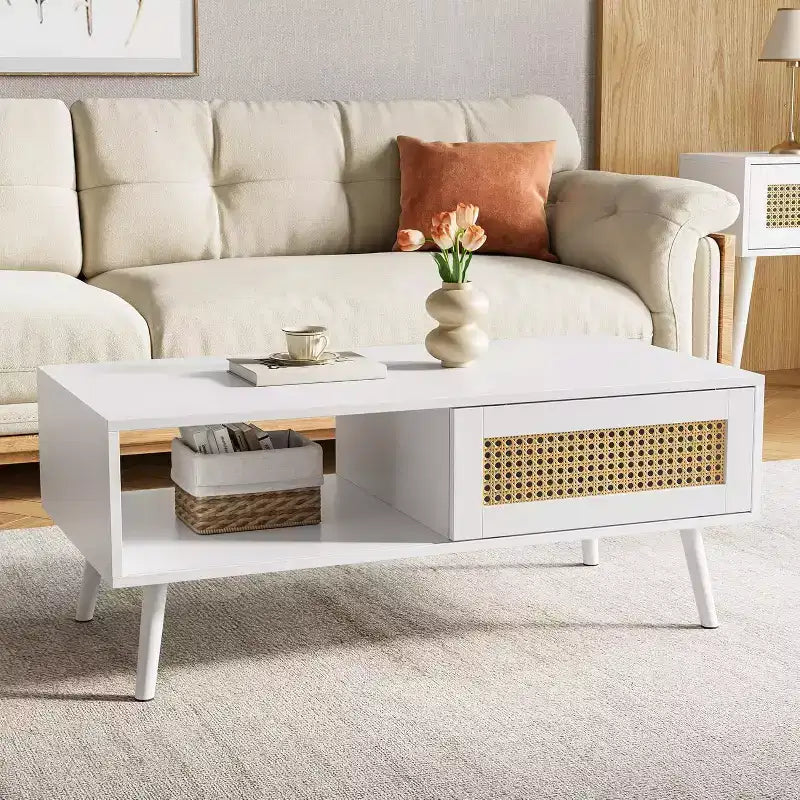 Tavolino da caffè in rattan stile Boho da 99,9 cm, Tavolino da salotto moderno in legno con anta scorrevole e ripiano portaoggetti aperto, Piedini antiscivolo