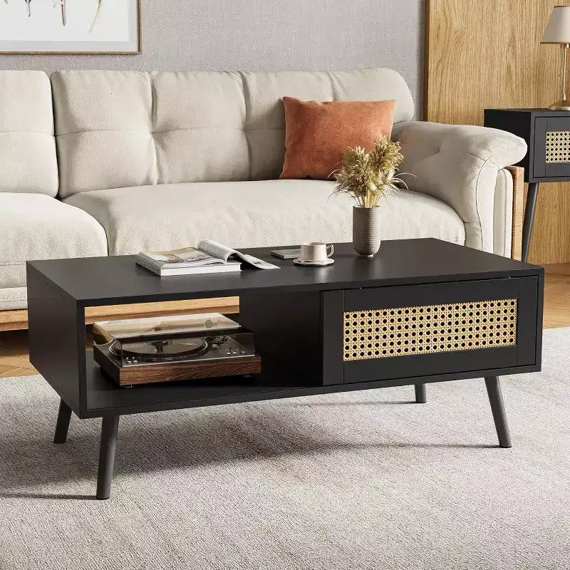 Tavolino da caffè in rattan stile Boho da 99,9 cm, Tavolino da salotto moderno in legno con anta scorrevole e ripiano portaoggetti aperto, Piedini antiscivolo