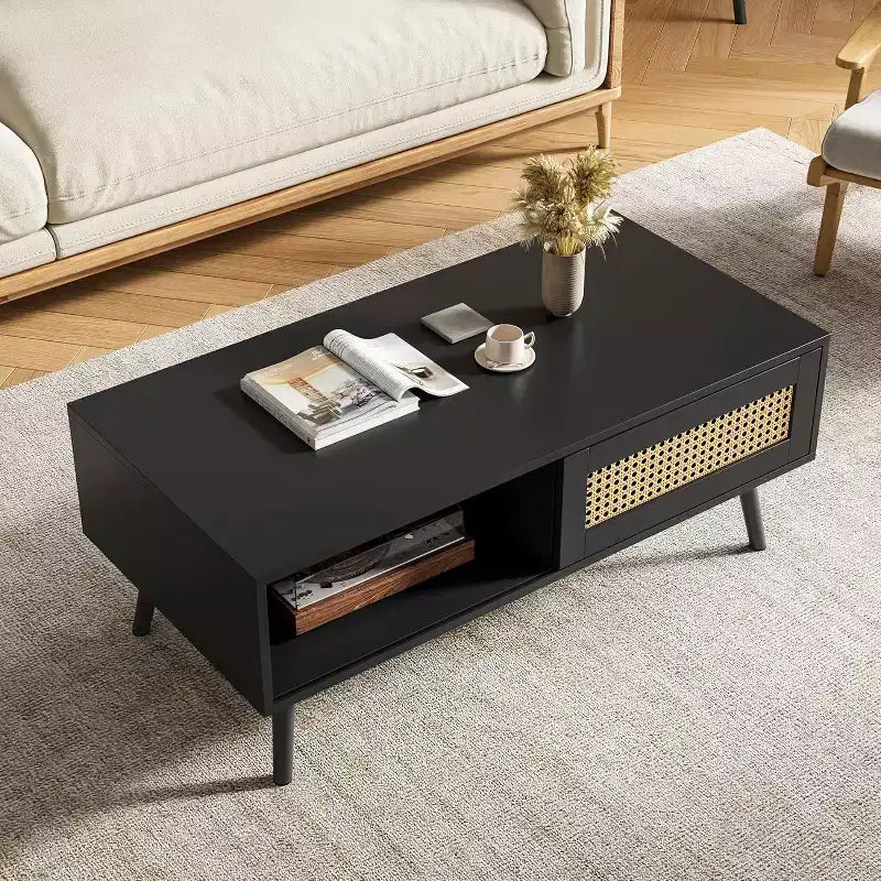 Tavolino da caffè in rattan stile Boho da 99,9 cm, Tavolino da salotto moderno in legno con anta scorrevole e ripiano portaoggetti aperto, Piedini antiscivolo