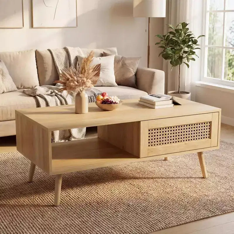 Tavolino da caffè in rattan stile Boho da 99,9 cm, Tavolino da salotto moderno in legno con anta scorrevole e ripiano portaoggetti aperto, Piedini antiscivolo