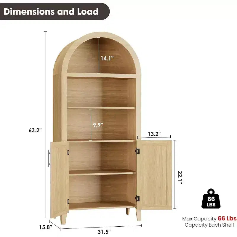 Scaffale a 5 ripiani a giorno con decorazioni in rattan, Armadietto contenitore in stile rustico, Dispensa ad arco per cucina, per Casa, Ufficio, Soggiorno