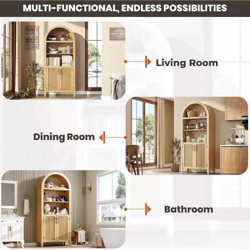 Scaffale a 5 ripiani a giorno con decorazioni in rattan, Armadietto contenitore in stile rustico, Dispensa ad arco per cucina, per Casa, Ufficio, Soggiorno