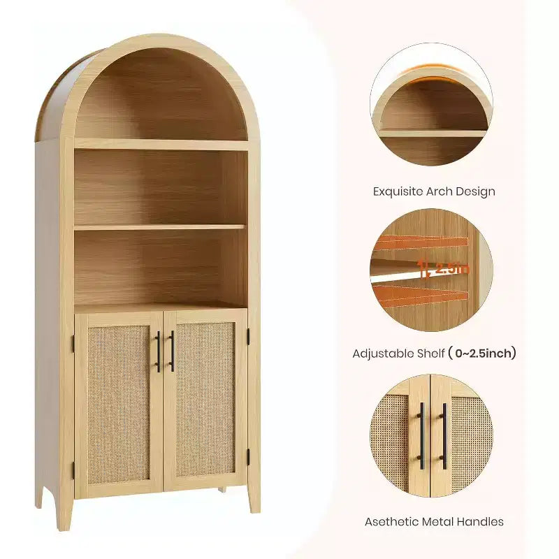 Scaffale a 5 ripiani a giorno con decorazioni in rattan, Armadietto contenitore in stile rustico, Dispensa ad arco per cucina, per Casa, Ufficio, Soggiorno