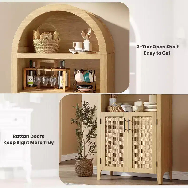Scaffale a 5 ripiani a giorno con decorazioni in rattan, Armadietto contenitore in stile rustico, Dispensa ad arco per cucina, per Casa, Ufficio, Soggiorno
