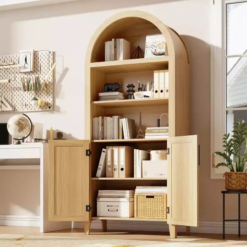 Scaffale a 5 ripiani a giorno con decorazioni in rattan, Armadietto contenitore in stile rustico, Dispensa ad arco per cucina, per Casa, Ufficio, Soggiorno
