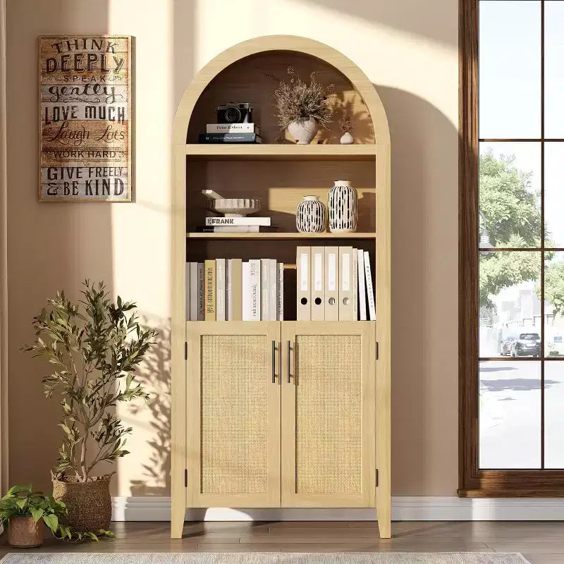 Scaffale a 5 ripiani a giorno con decorazioni in rattan, Armadietto contenitore in stile rustico, Dispensa ad arco per cucina, per Casa, Ufficio, Soggiorno