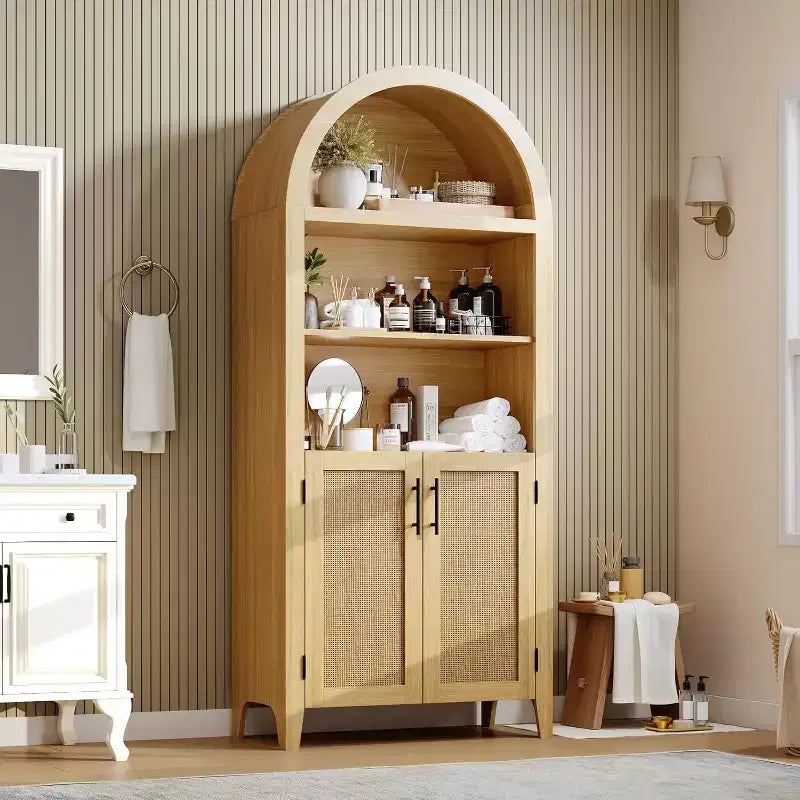 Scaffale a 5 ripiani a giorno con decorazioni in rattan, Armadietto contenitore in stile rustico, Dispensa ad arco per cucina, per Casa, Ufficio, Soggiorno