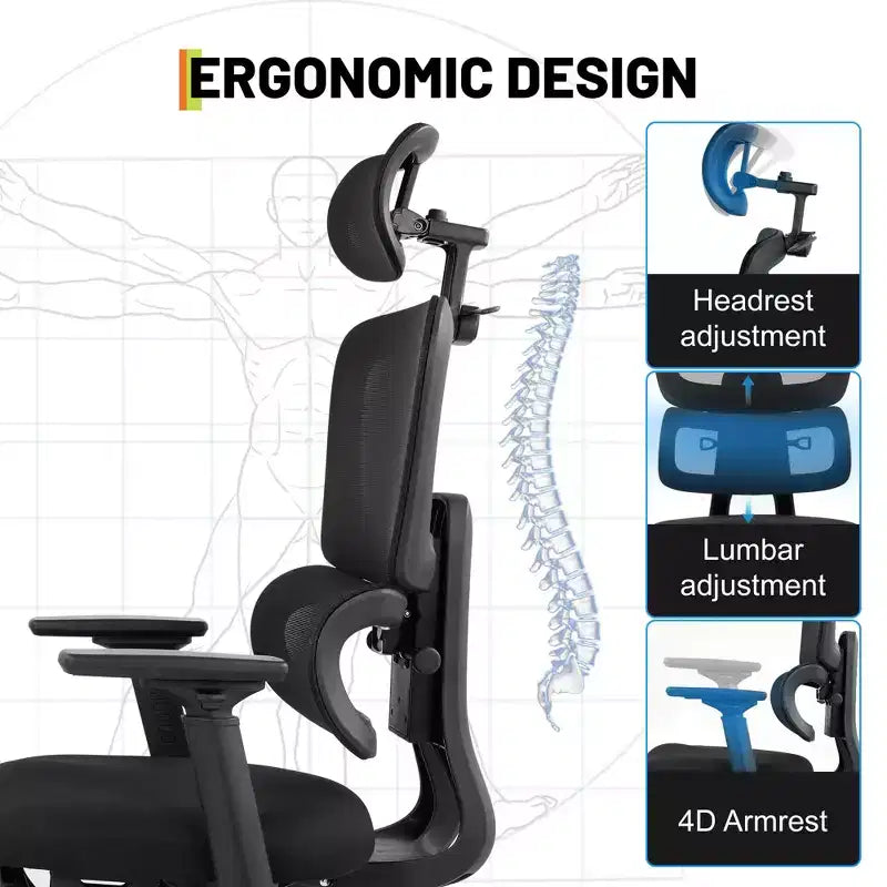 Sedia da ufficio ergonomica in rete – Capacità 136 kg, braccioli ribaltabili 4D