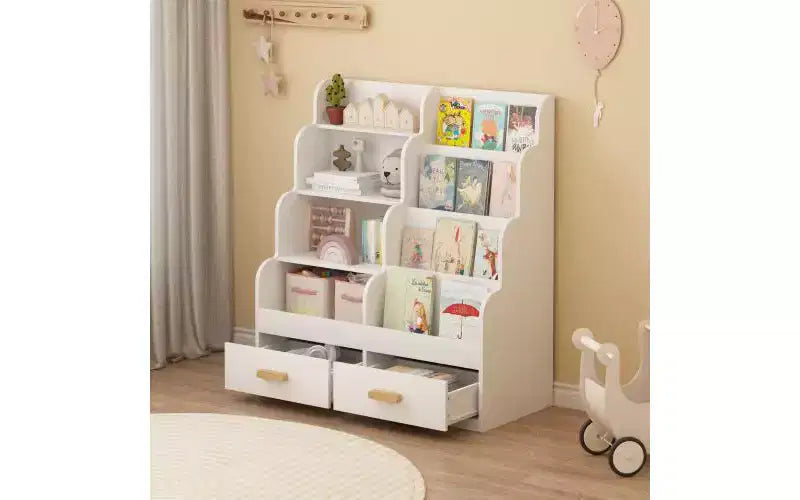 Libreria per bambini con 2 cassetti portaoggetti, libreria a vista frontale e organizer per giocattoli, bianca
