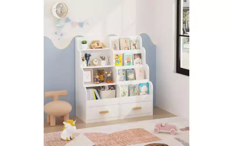Libreria per bambini con 2 cassetti portaoggetti, libreria a vista frontale e organizer per giocattoli, bianca